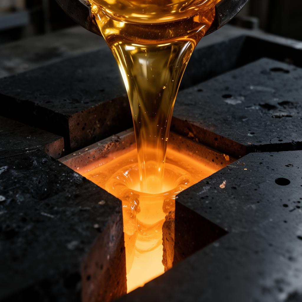 Molten gold metal flowing into a precise geometric mold